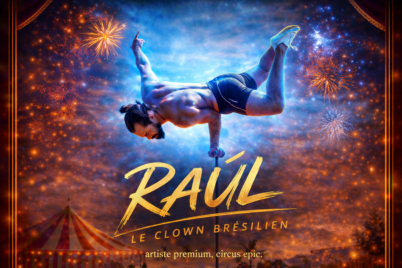 RAÚL Le Clown Brésilien en équilibre sur une main, acrobate premium à Nîmes, ambiance cirque épique avec lumière bleue et feux d’artifice.