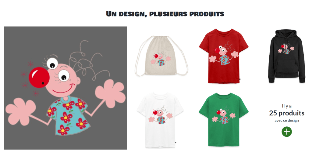 Illustration d'un clown amical avec un nez rouge et des fleurs sur sa chemise, présentée sur divers produits comme des t-shirts, un sac et un sweat-shirt.